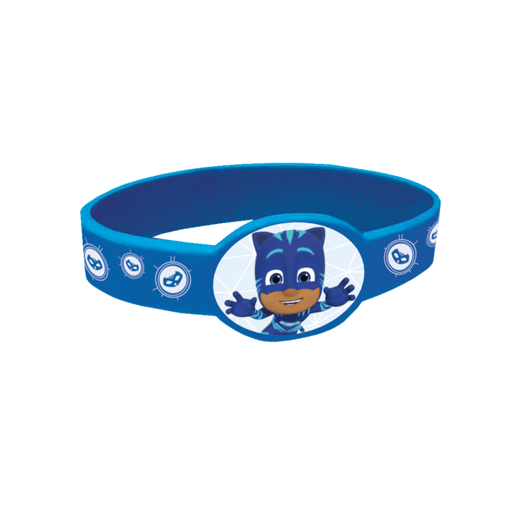Blue kids wristband with cartoon superhero and mask icons birthday theme from Parte Haus party supply store in Bethesda MD.