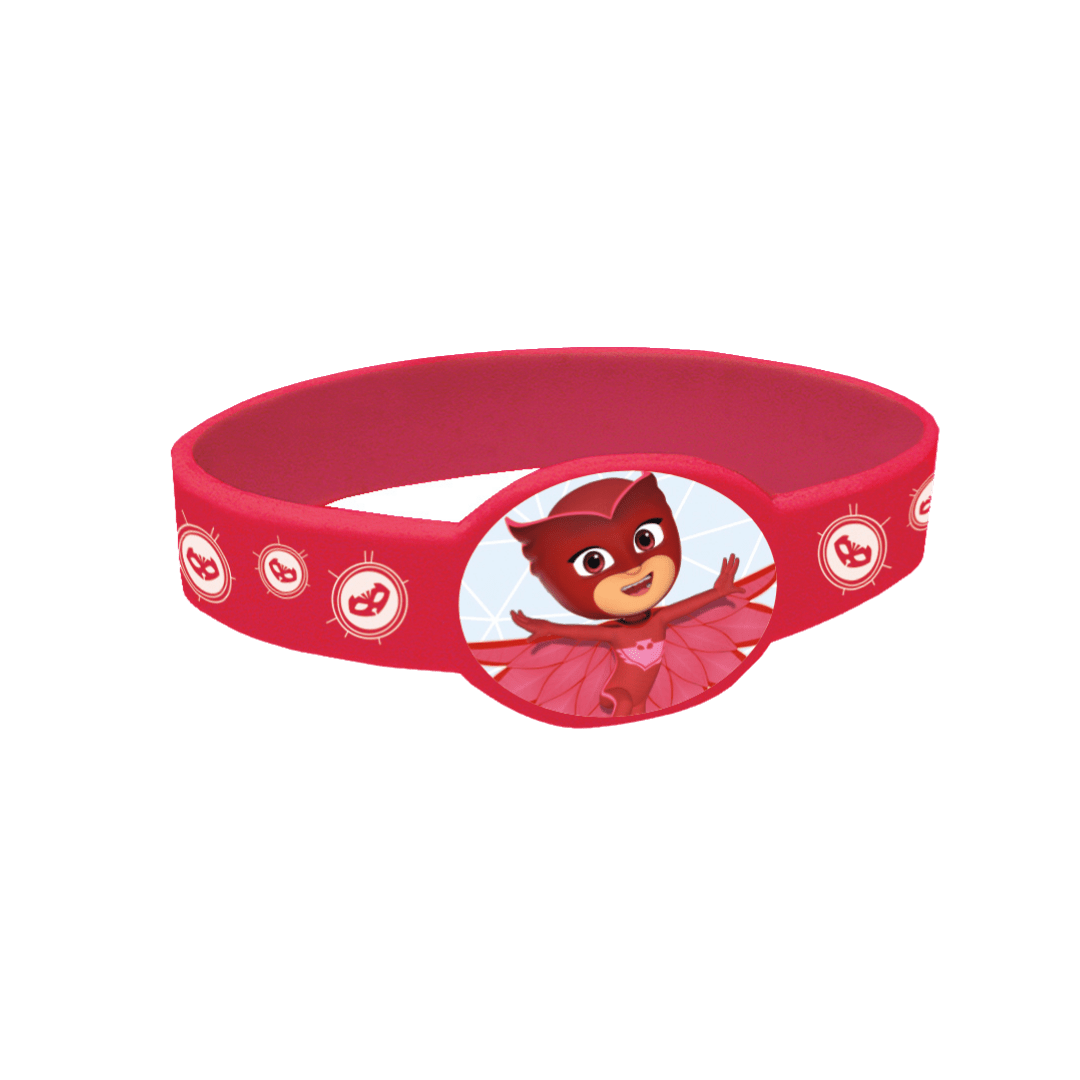 Red PJ Masks wristband with cartoon hero image kids birthday from Parte Haus party supply store in Bethesda Maryland