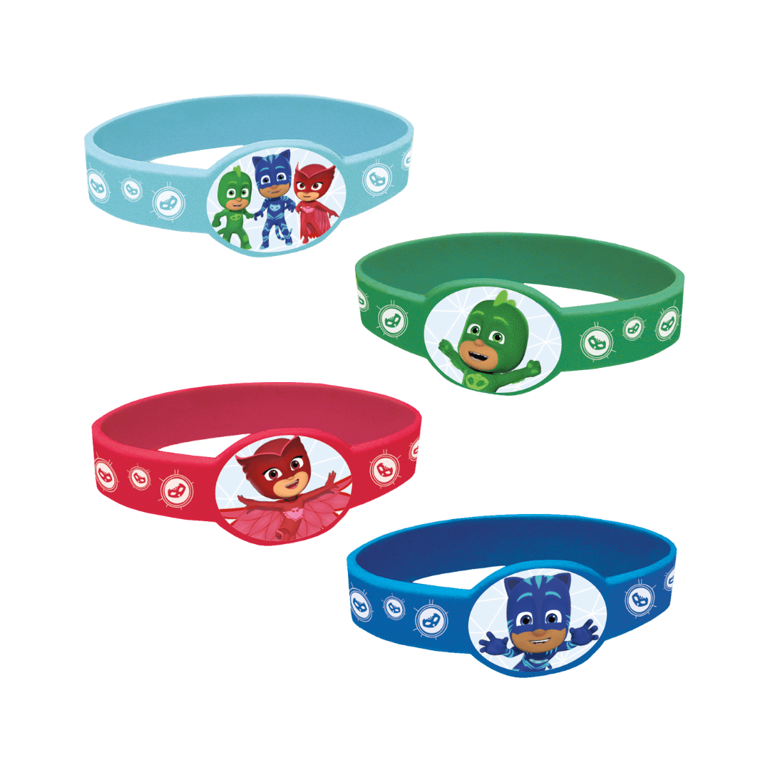 Blue green red kids wristbands featuring cartoon heroes birthday theme from Parte Haus party supply store in Bethesda MD