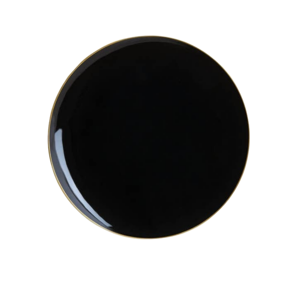 Black plate with metallic rim dinnerware for elegant events from Parte Haus party supply store in Bethesda MD