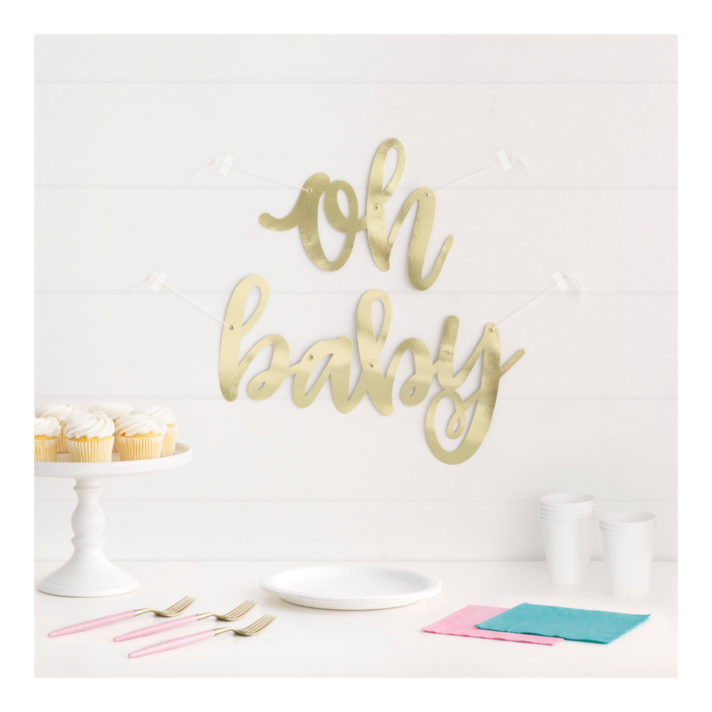 Gold oh baby banner sign baby shower from Parte Haus party supply store in Bethesda MD