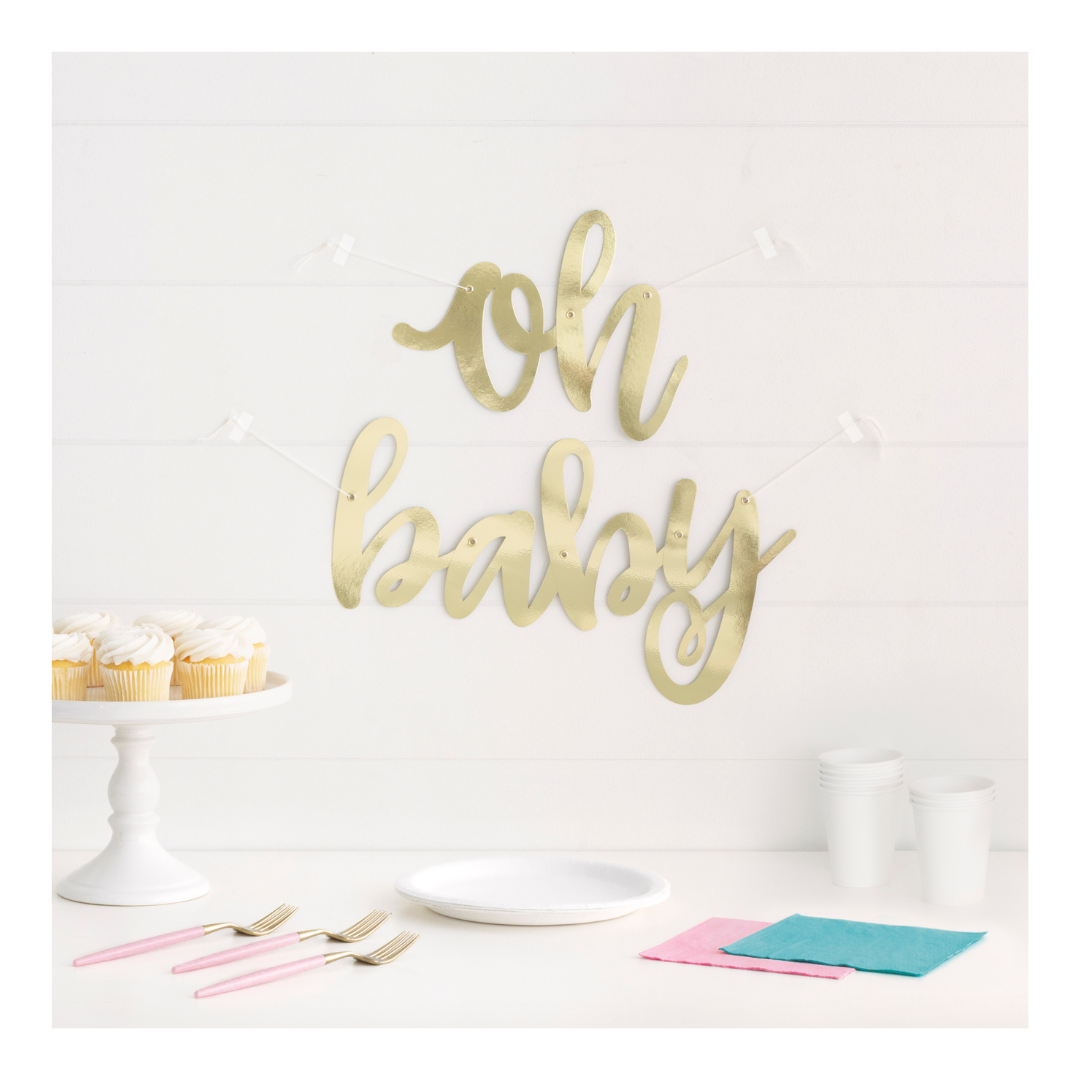 Gold oh baby banner sign baby shower from Parte Haus party supply store in Bethesda MD