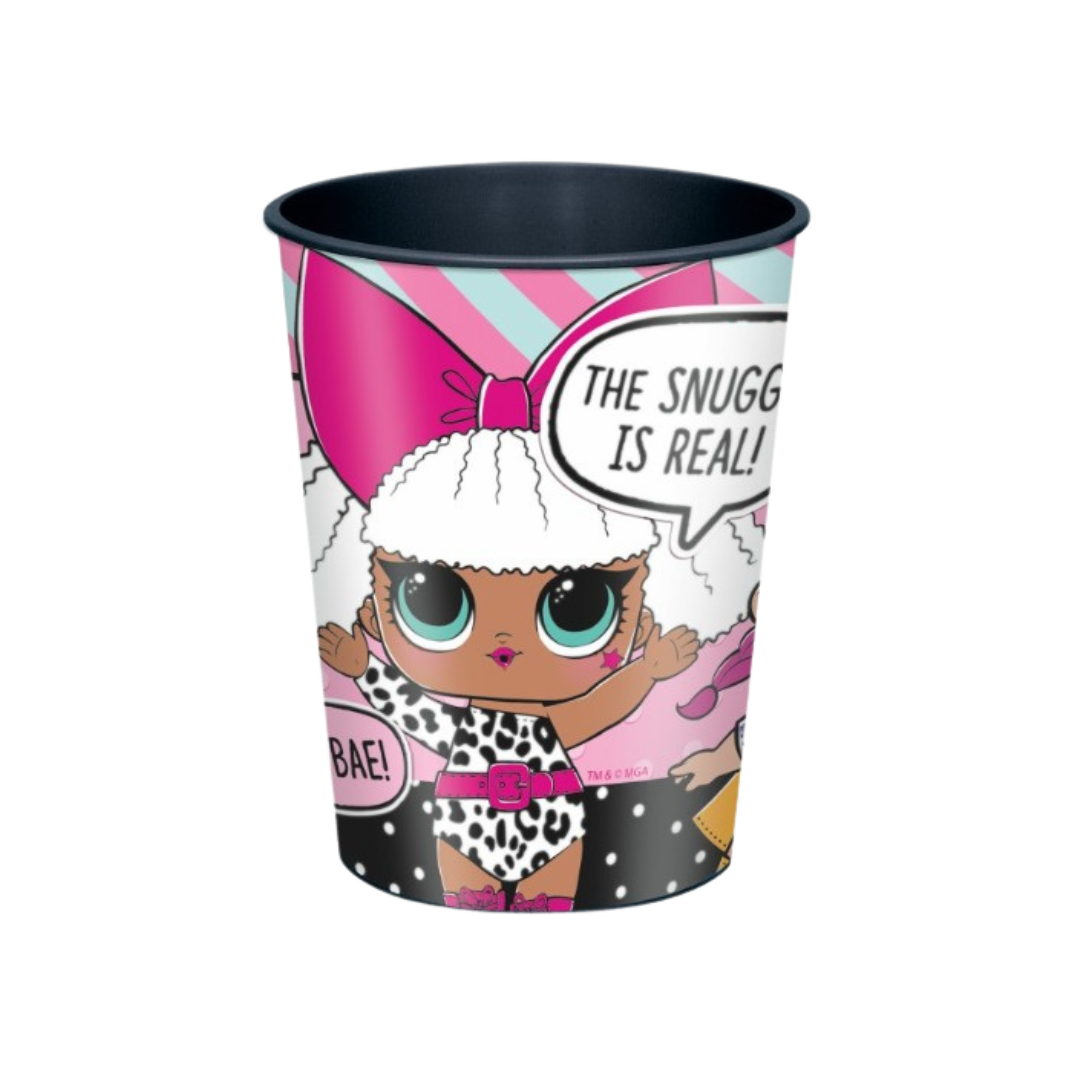 Pink LOL Surprise plastic cup with cartoon doll and speech bubble for kids birthday from Parte Haus party supply store in Bethesda MD