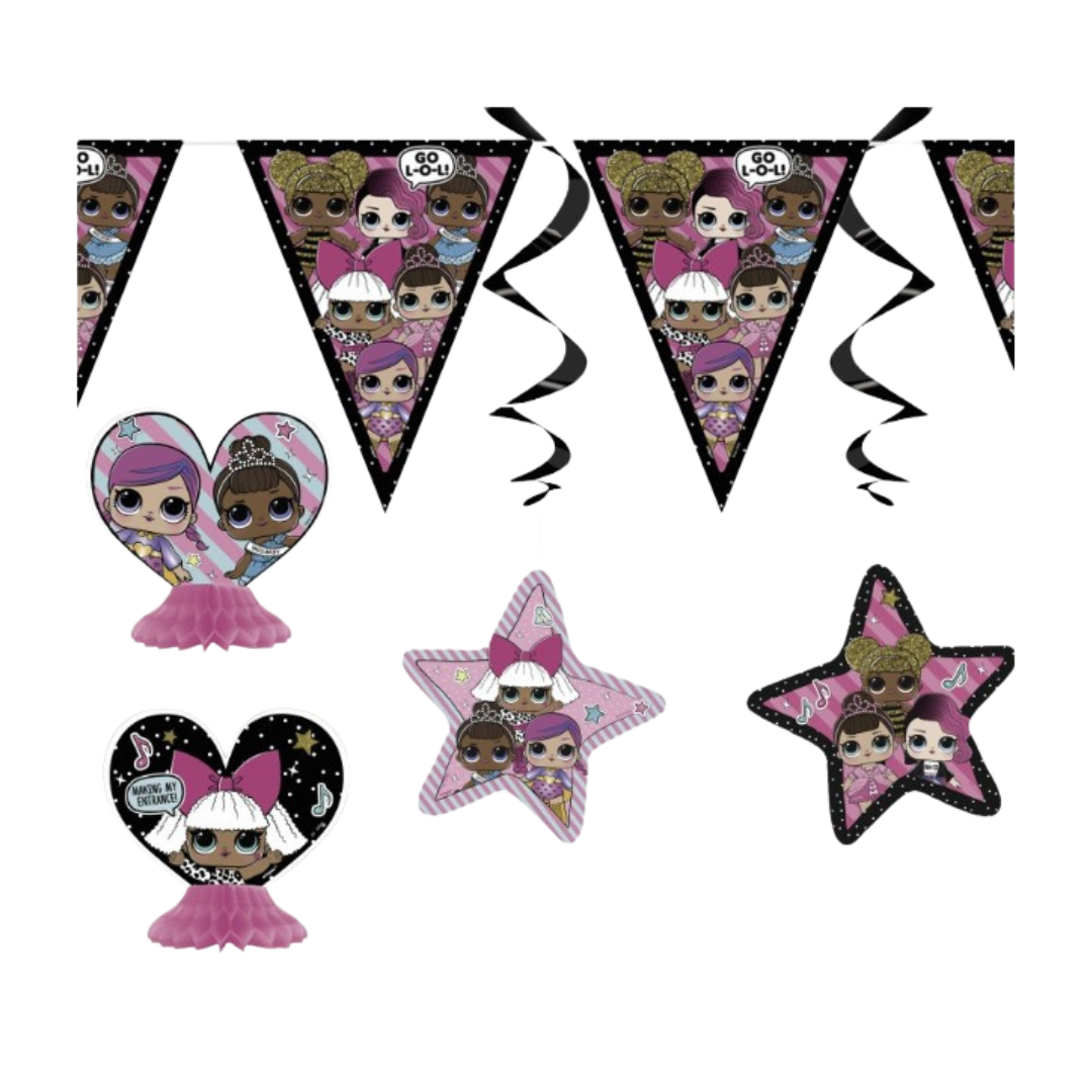 Pink LOL Surprise decoration kit with banners swirls and centerpieces for birthday from Parte Haus party supply store in Bethesda MD