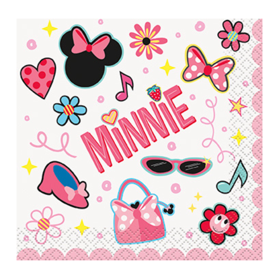 Pink Minnie Mouse napkin with floral and bow designs for kids birthday from Parte Haus party supply store in Bethesda MD