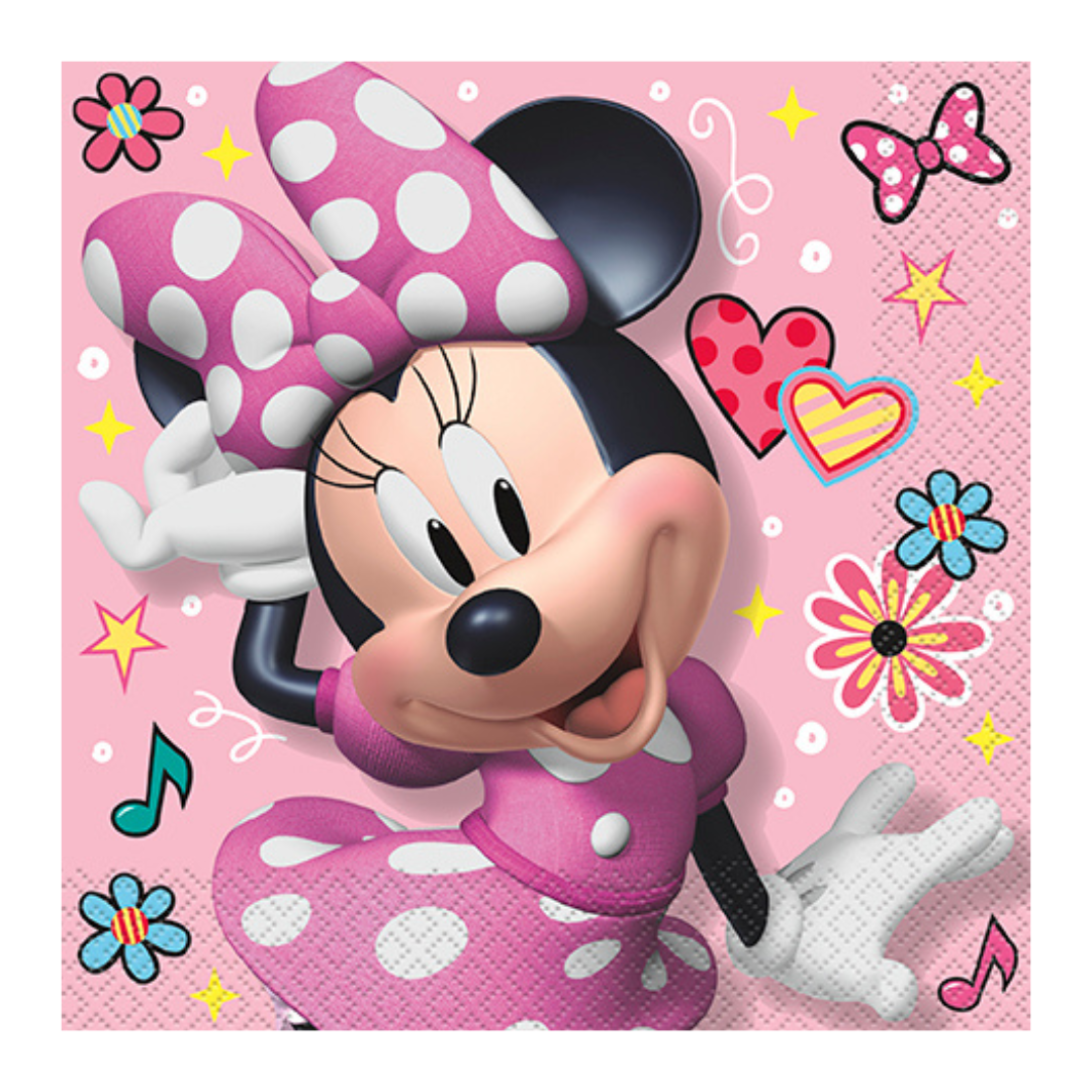 Pink Minnie Mouse napkin with polka dots and hearts birthday theme from Parte Haus party supply store in Bethesda MD