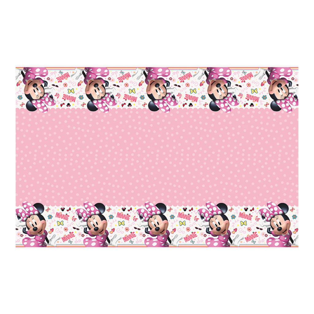 Pink Minnie Mouse table cover with polka dots birthday theme from Parte Haus party supply store in Bethesda Maryland