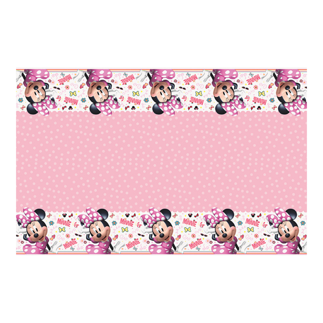 Pink Minnie Mouse table cover with polka dots birthday theme from Parte Haus party supply store in Bethesda Maryland