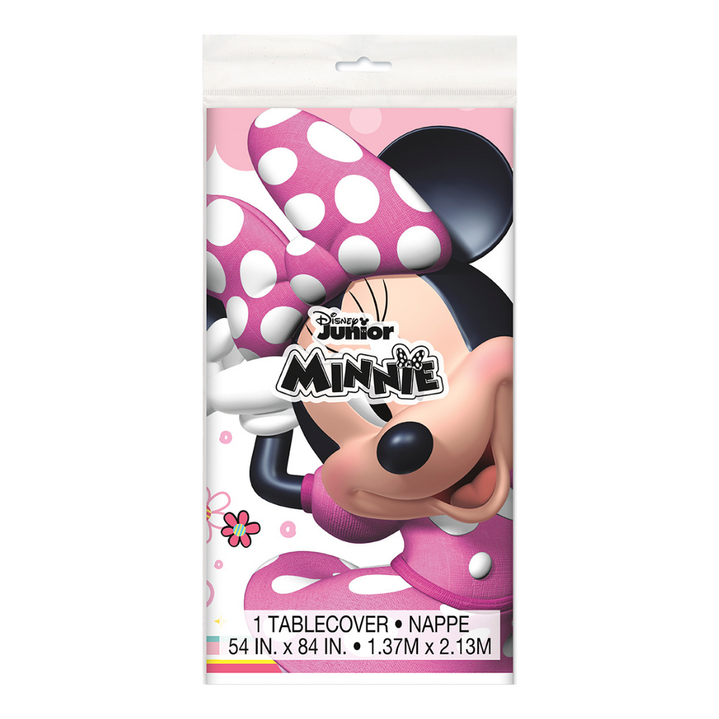 Pink Minnie Mouse tablecover with polka dots for kids birthday from Parte Haus party supply store in Bethesda MD