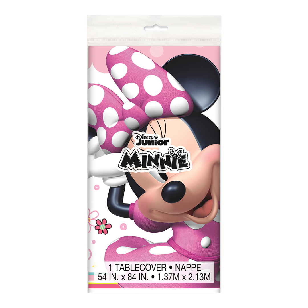 Pink Minnie Mouse tablecover with polka dots for kids birthday from Parte Haus party supply store in Bethesda MD
