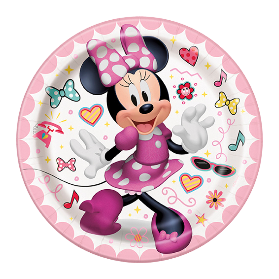 Pink Minnie Mouse paper plate with bows and hearts for birthday party from Parte Haus party supply store in Bethesda Maryland
