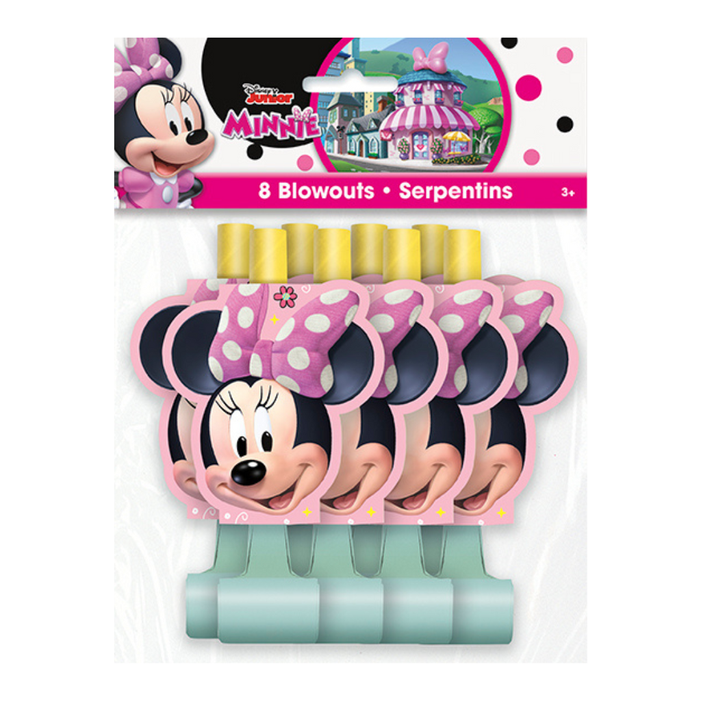 Pink Minnie Mouse blowouts with yellow mouthpieces for kids birthday from Parte Haus party supply store in Bethesda MD
