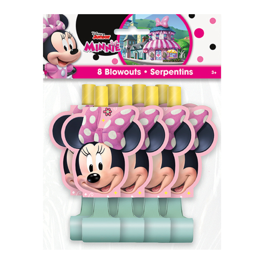 Pink Minnie Mouse blowouts with yellow mouthpieces for kids birthday from Parte Haus party supply store in Bethesda MD