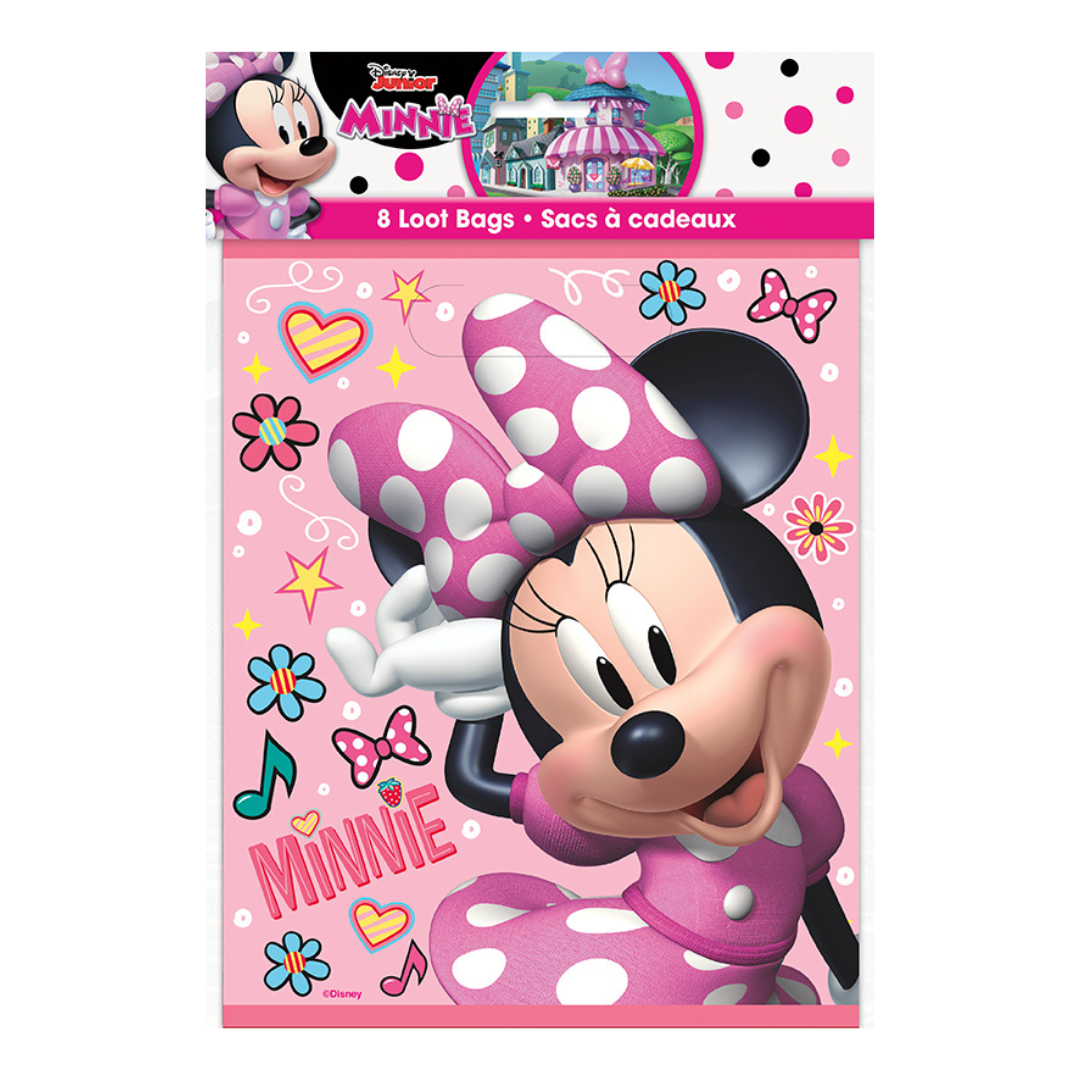 pink Minnie Mouse loot bags with polka dots cartoon for birthday from Parte Haus party supply store in Bethesda Maryland