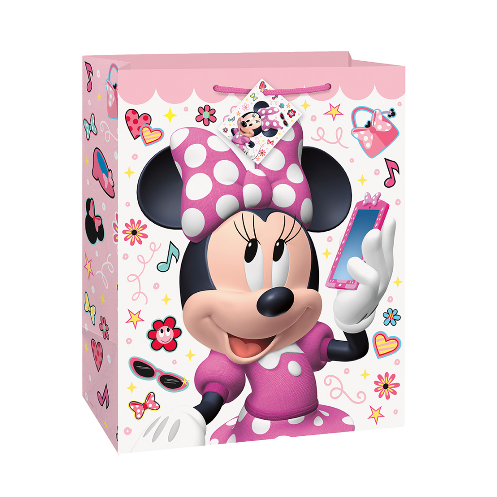 Pink Minnie Mouse gift bag with colorful hearts and music theme from Parte Haus party supply store in Bethesda Maryland