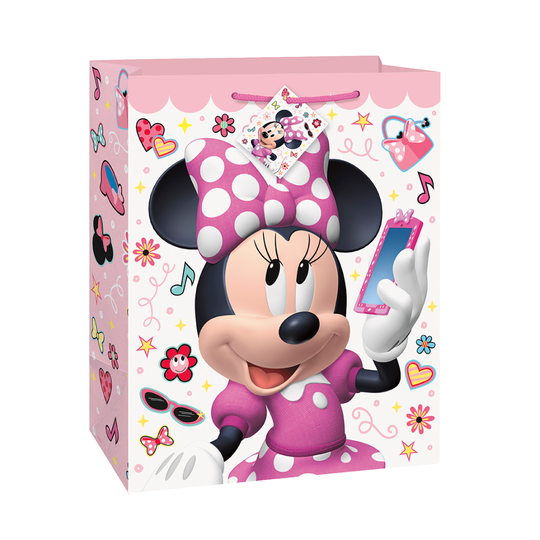 Pink Minnie Mouse gift bag with colorful hearts and music theme from Parte Haus party supply store in Bethesda Maryland