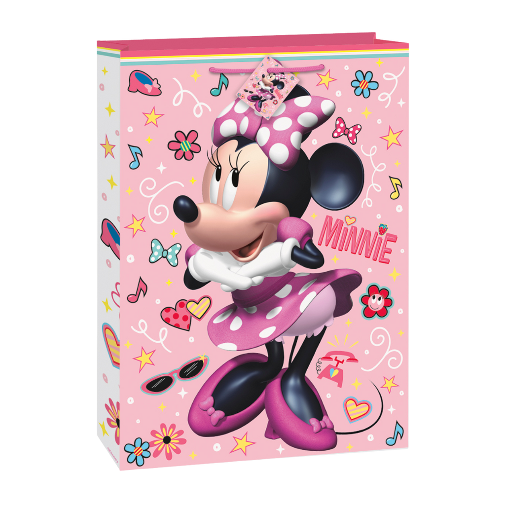 Pink Minnie Mouse gift bag with hearts and music notes for birthday from Parte Haus party supply store in Bethesda MD.