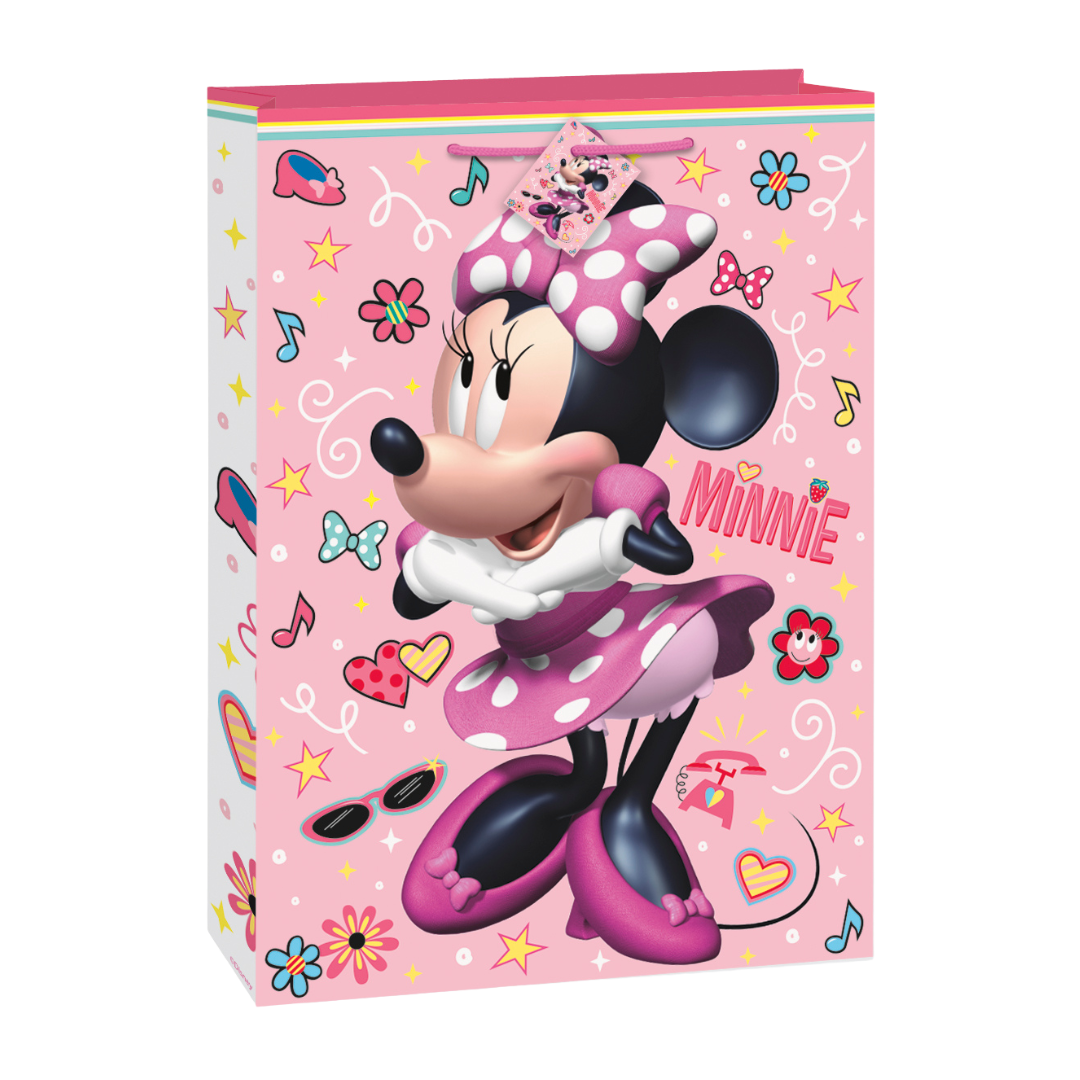 Pink Minnie Mouse gift bag with hearts and music notes for birthday from Parte Haus party supply store in Bethesda MD.