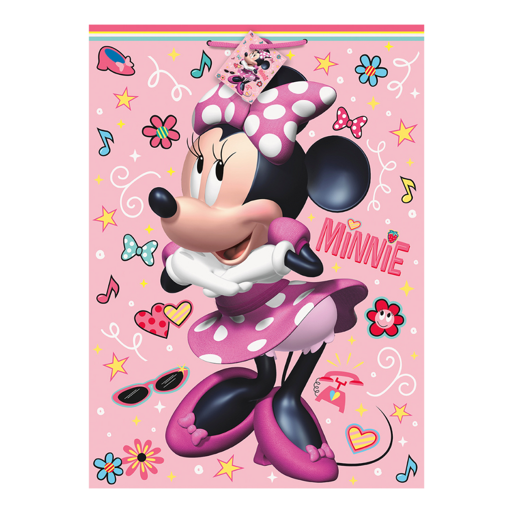 Pink Minnie Mouse gift bag with hearts bows and music notes birthday theme from Parte Haus party supply store in Bethesda MD