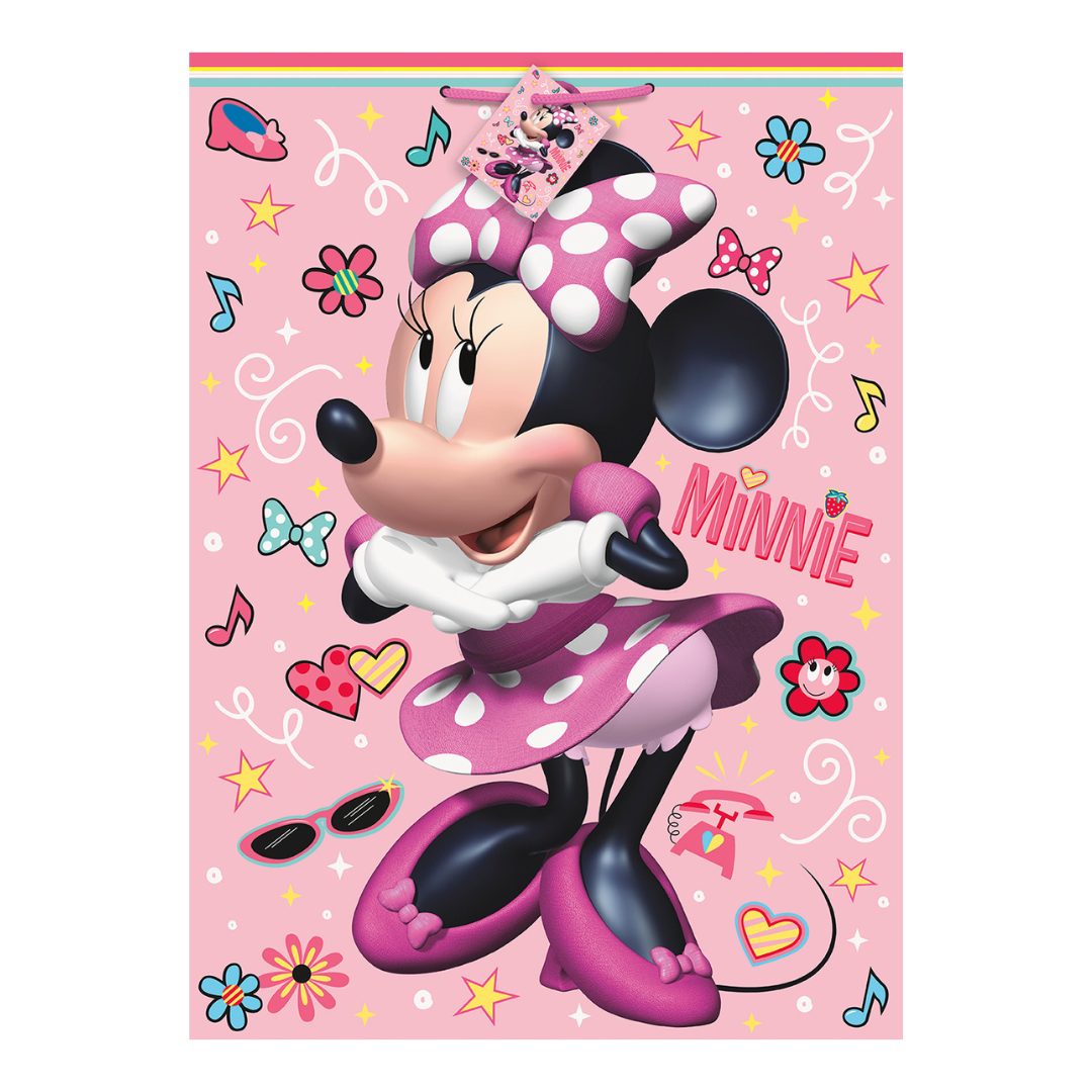 Pink Minnie Mouse gift bag with hearts bows and music notes birthday theme from Parte Haus party supply store in Bethesda MD