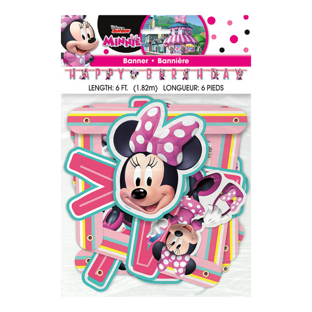 Pink Minnie Mouse happy birthday banner with polka dots for kids from Parte Haus party supply store in Bethesda Maryland
