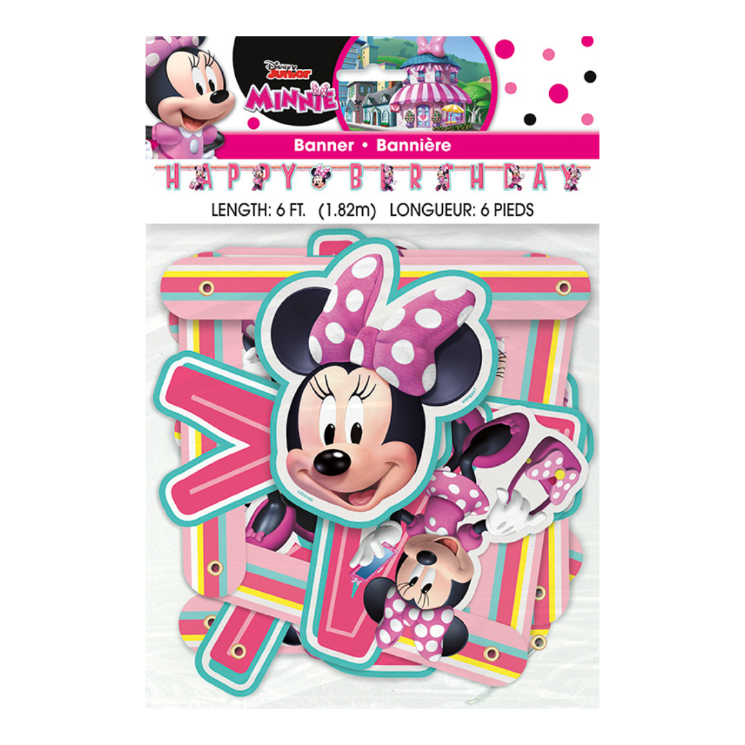Pink Minnie Mouse happy birthday banner with polka dots for kids from Parte Haus party supply store in Bethesda Maryland