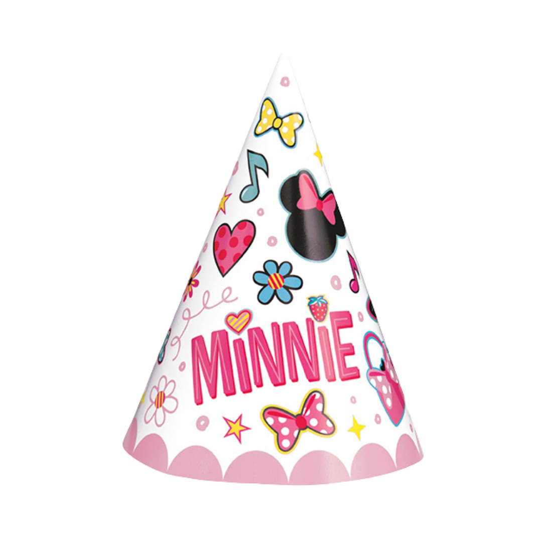 Pink Minnie Mouse birthday cone hat with bows and hearts from Parte Haus party supply store in Bethesda MD