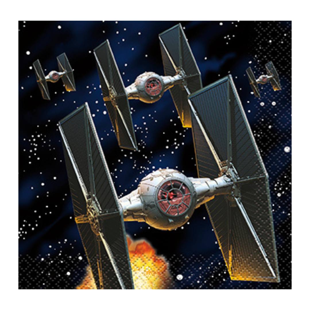 Black Star Wars themed napkin with TIE fighter spaceships for birthday event from Parte Haus party supply store in Bethesda Maryland