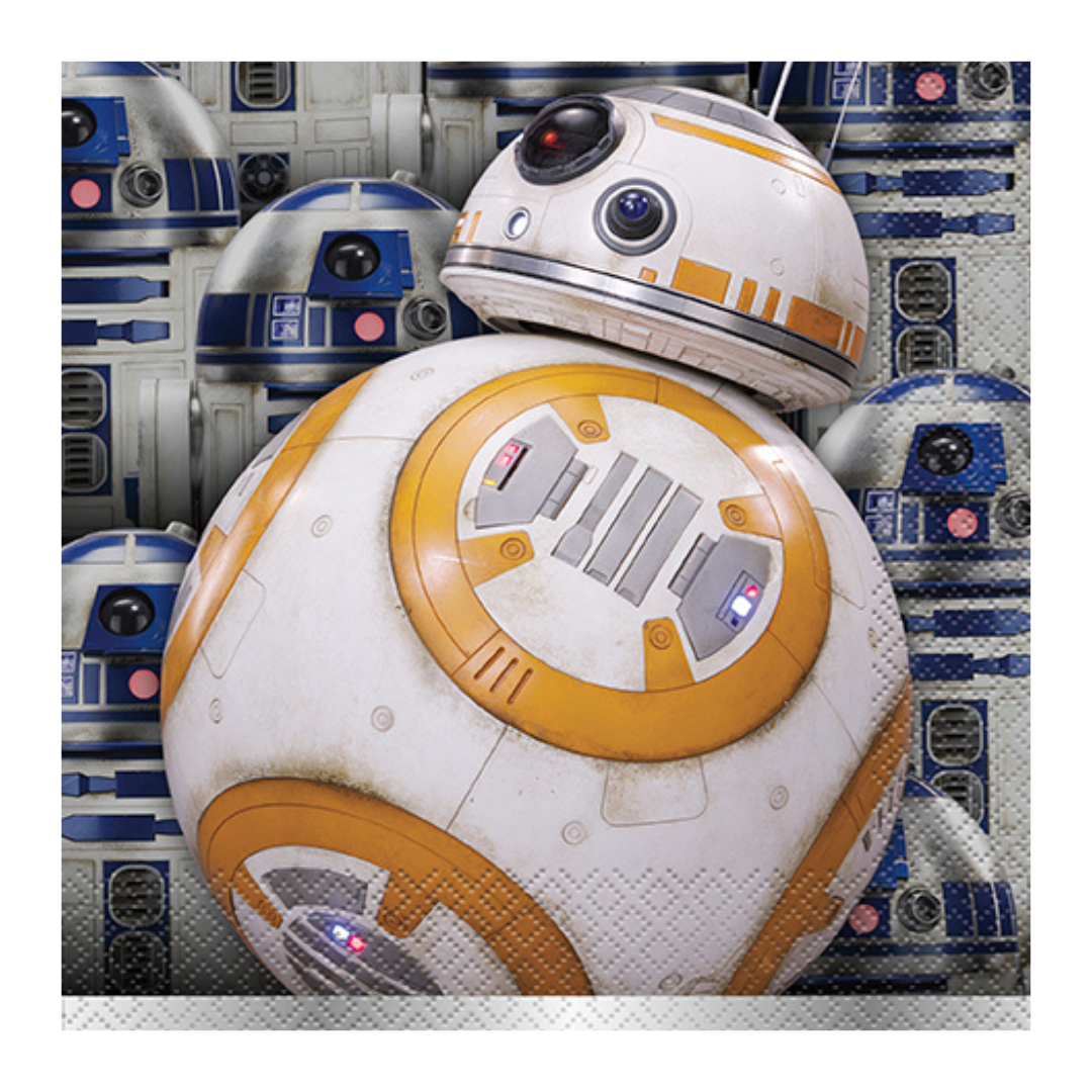 White and orange Star Wars paper napkin with droid robots for birthday from Parte Haus party supply store in Bethesda MD