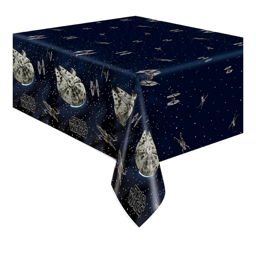 Navy blue Star Wars table cover with spaceships for birthday from Parte Haus party supply store in Bethesda MD