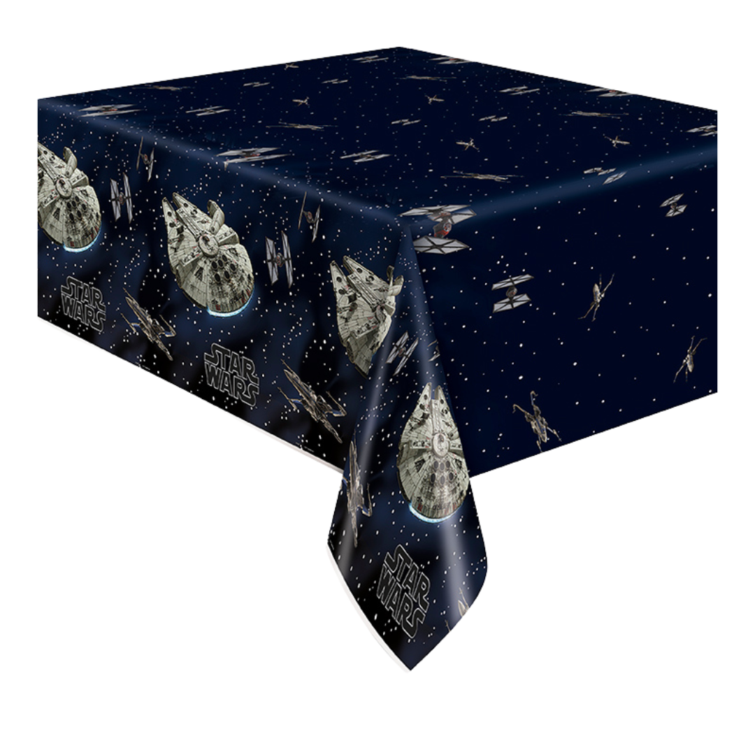 Navy blue Star Wars table cover with spaceships for birthday from Parte Haus party supply store in Bethesda MD