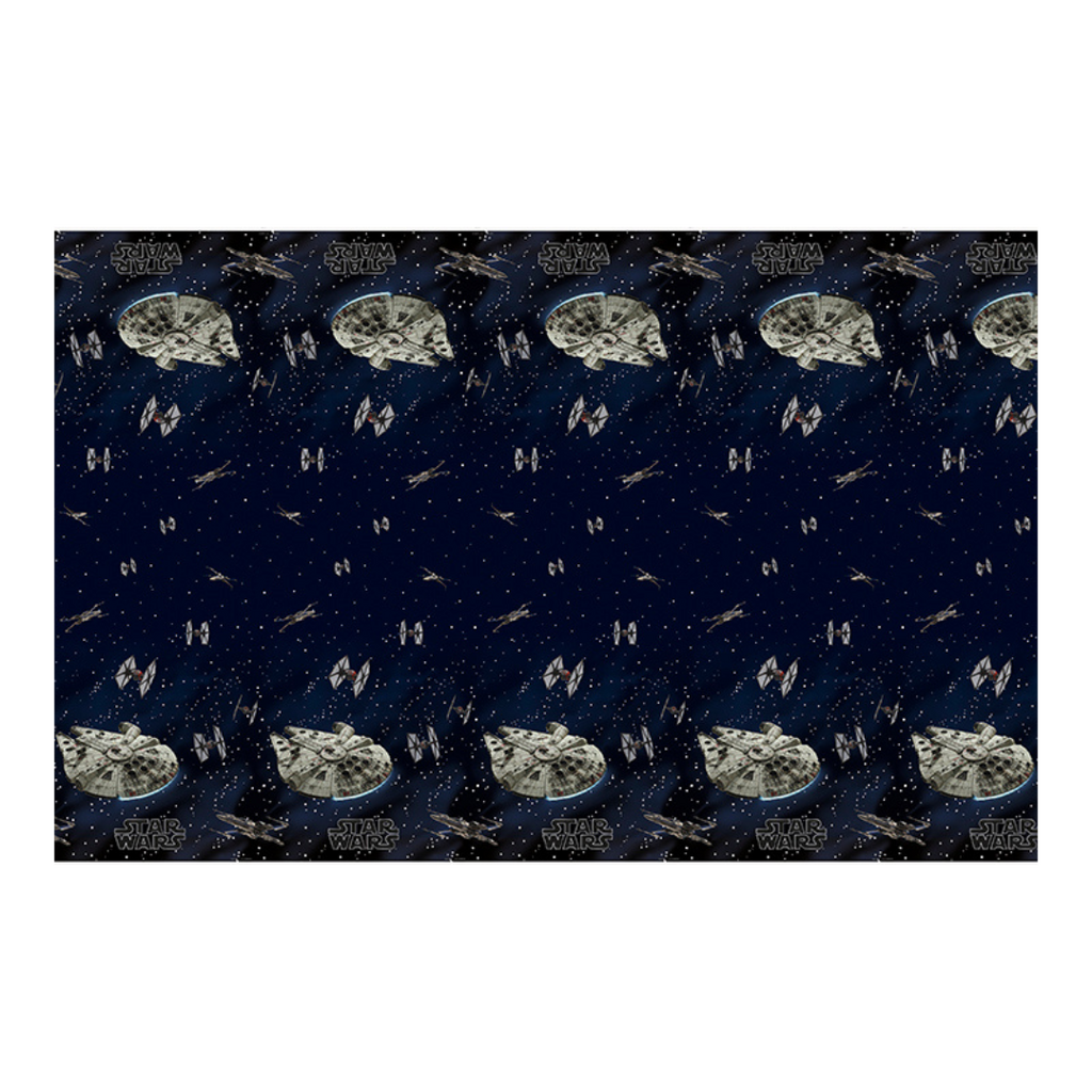 Blue Star Wars table cover featuring spaceships and stars birthday theme from Parte Haus party supply store in Bethesda MD