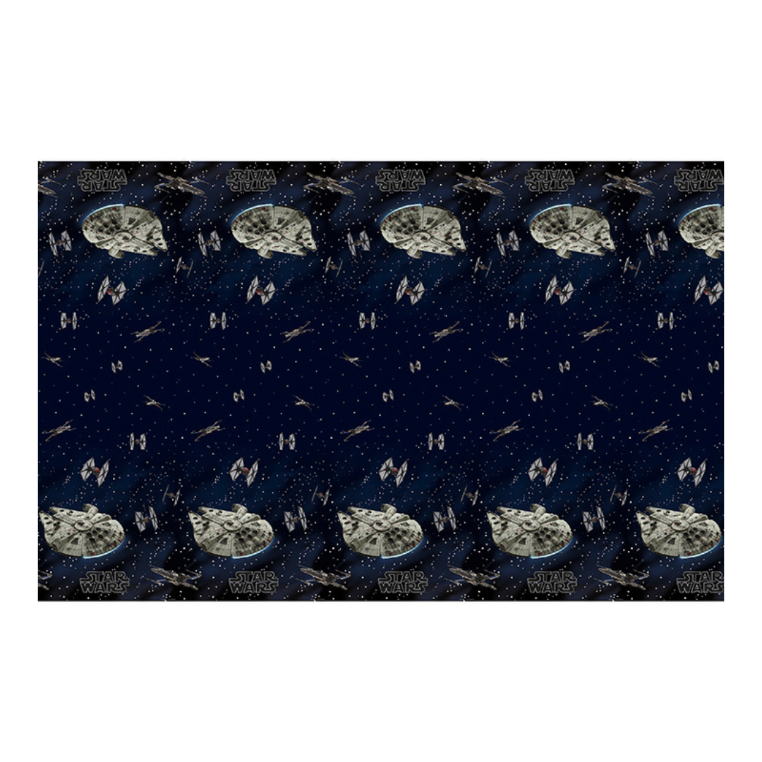 Blue Star Wars table cover featuring spaceships and stars birthday theme from Parte Haus party supply store in Bethesda MD