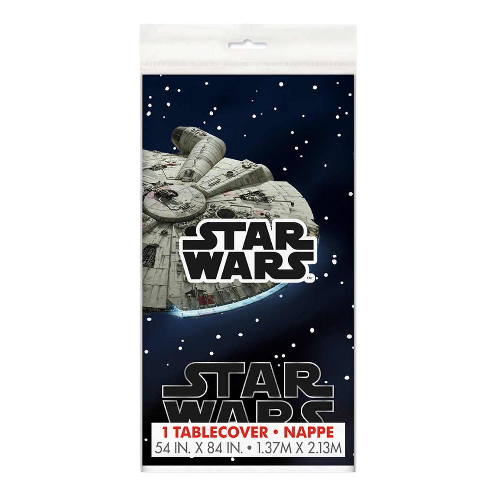 Black Star Wars tablecover featuring Millennium Falcon for birthday theme from Parte Haus party supply store in Bethesda Maryland