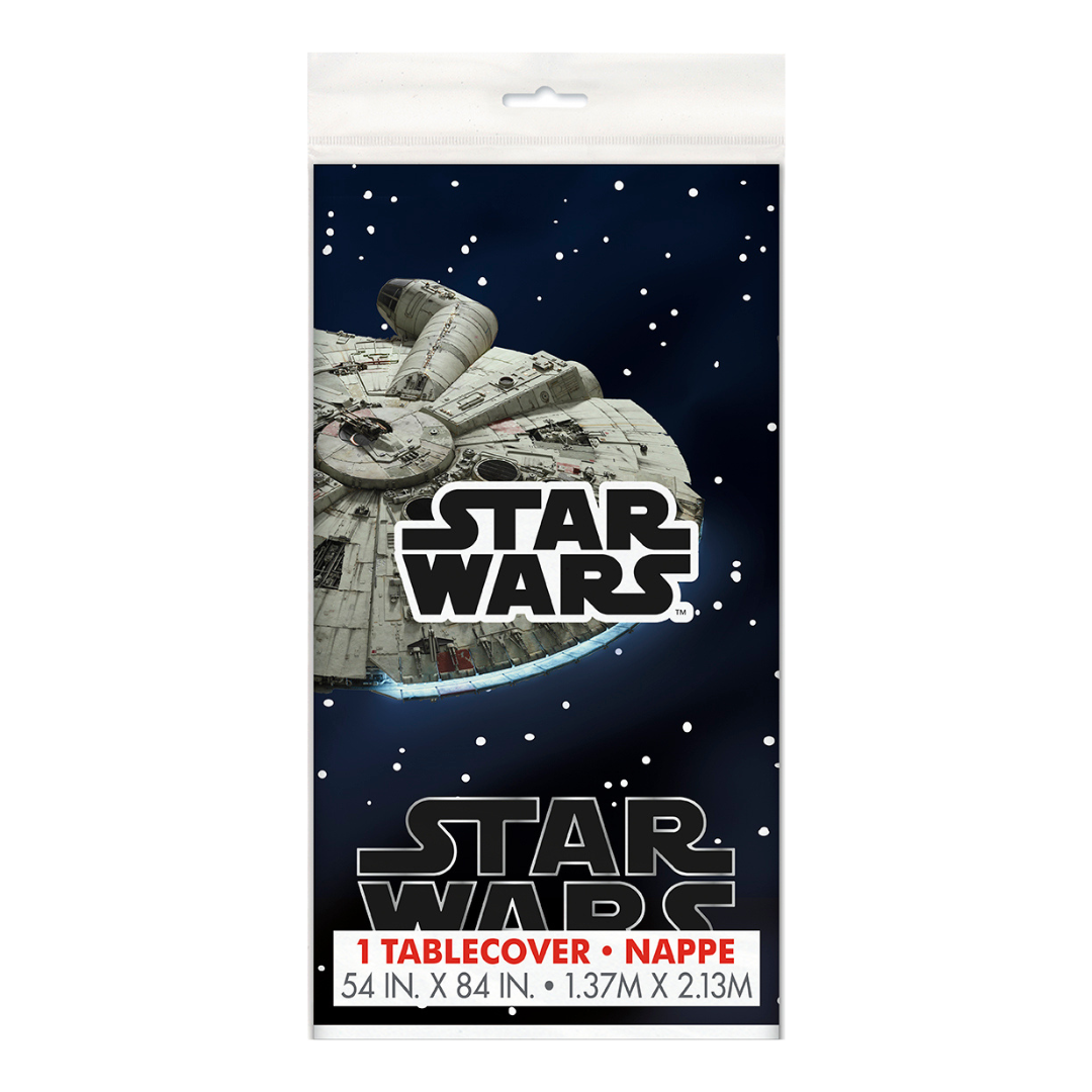 Black Star Wars tablecover featuring Millennium Falcon for birthday theme from Parte Haus party supply store in Bethesda Maryland