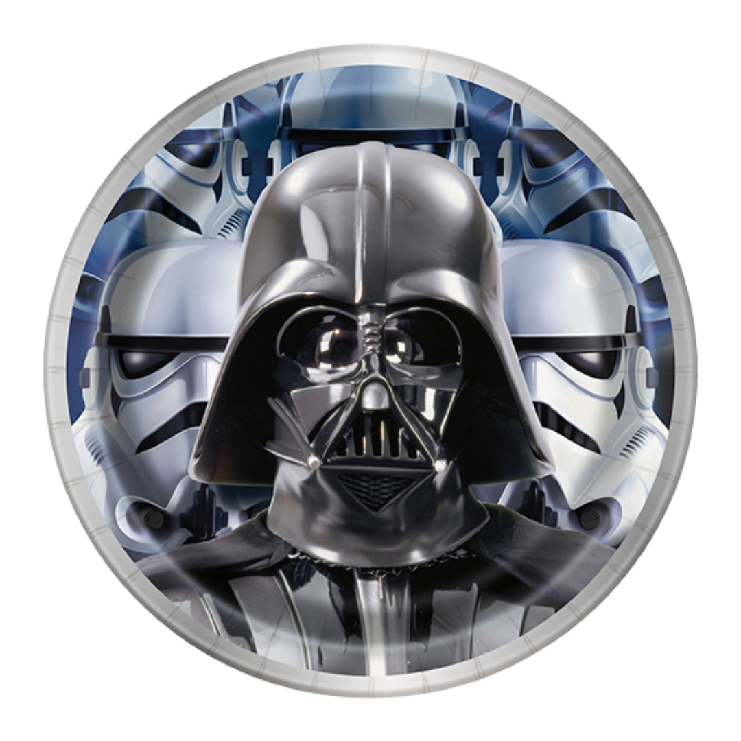 Black and white Star Wars themed round plate with Darth Vader and Stormtroopers for birthday from Parte Haus party supply store in Bethesda MD.
