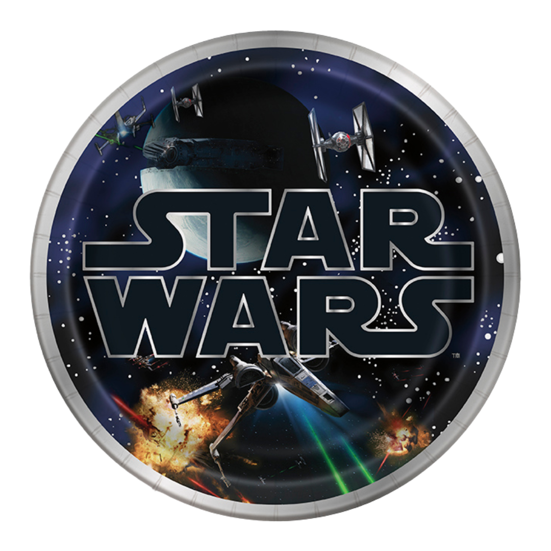 black Star Wars round balloon with spaceship battle for birthday from Parte Haus party supply store in Bethesda MD