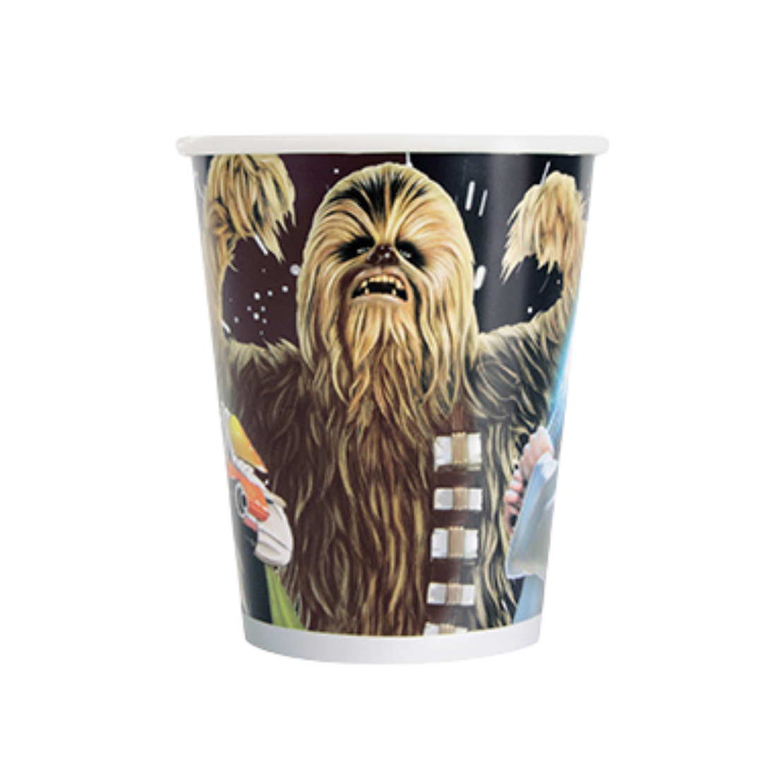 Multicolor Star Wars themed cup with Chewbacca print for birthday from Parte Haus party supply store in Bethesda MD.
