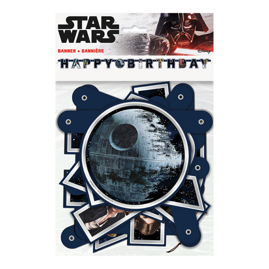 Black and blue Star Wars birthday banner featuring Death Star for kids celebration from Parte Haus party supply store in Bethesda MD