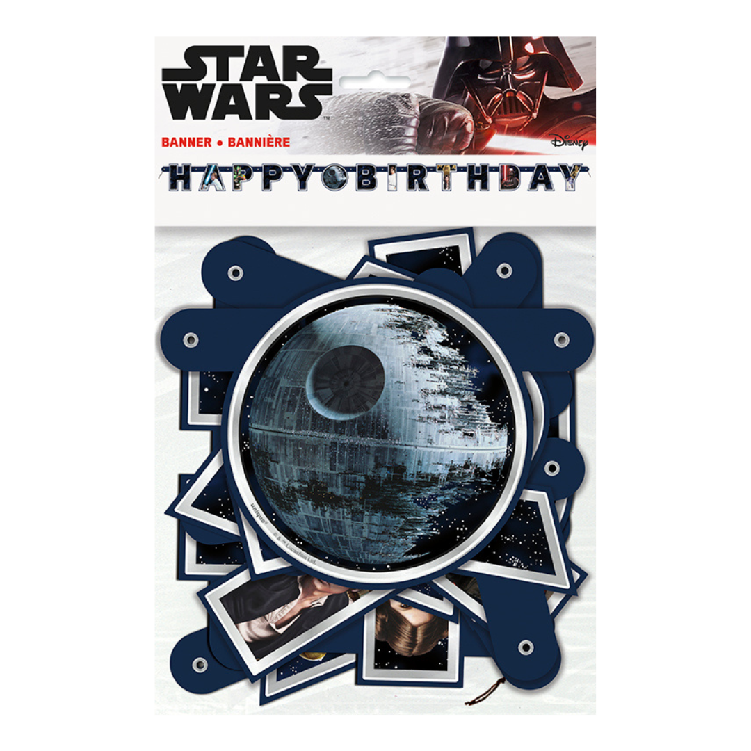 Black and blue Star Wars birthday banner featuring Death Star for kids celebration from Parte Haus party supply store in Bethesda MD