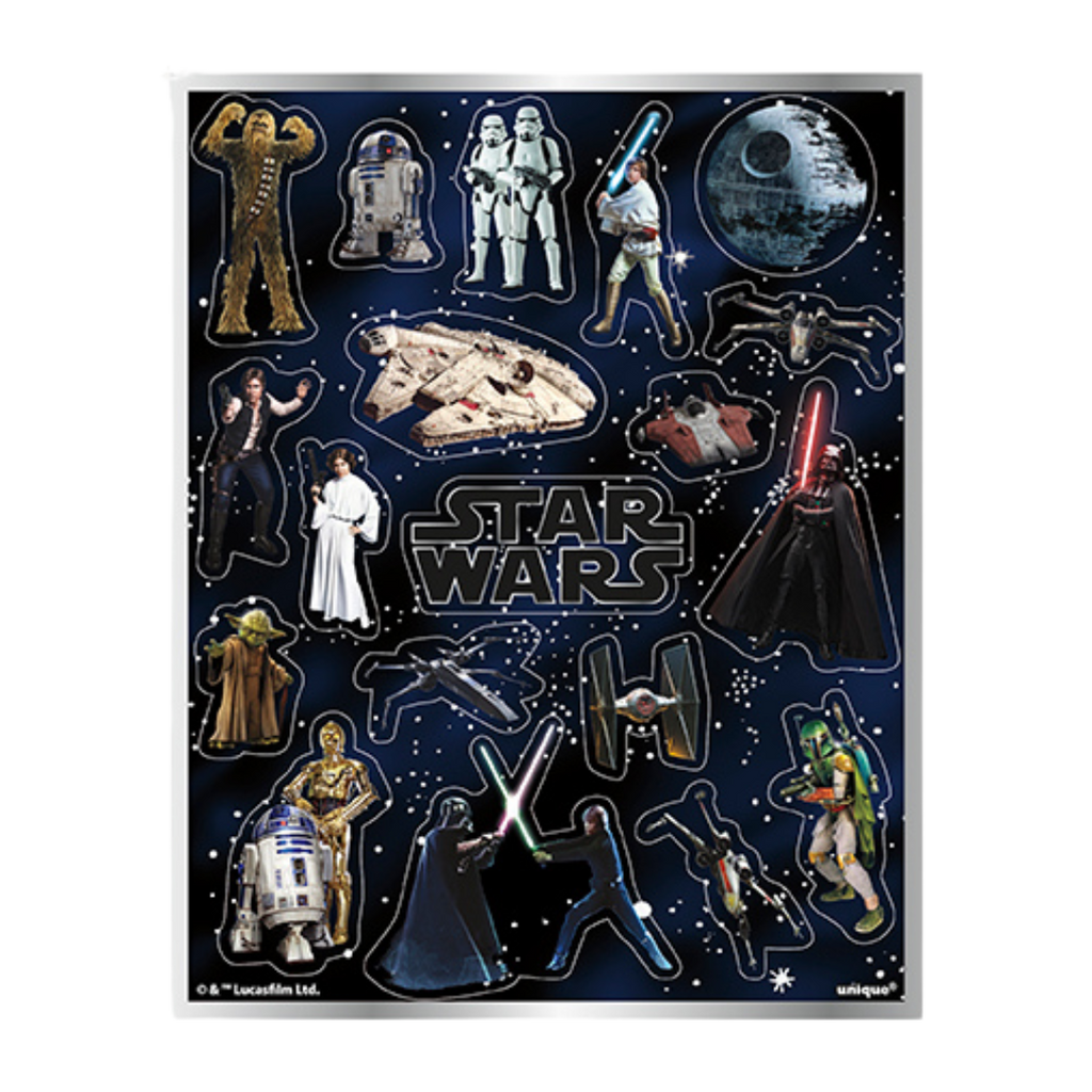 multicolor Star Wars sticker sheet with character and ship illustrations for birthday theme from Parte Haus party supply store in Bethesda MD