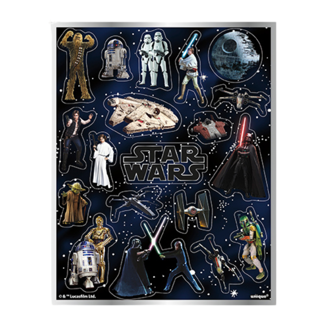 multicolor Star Wars sticker sheet with character and ship illustrations for birthday theme from Parte Haus party supply store in Bethesda MD