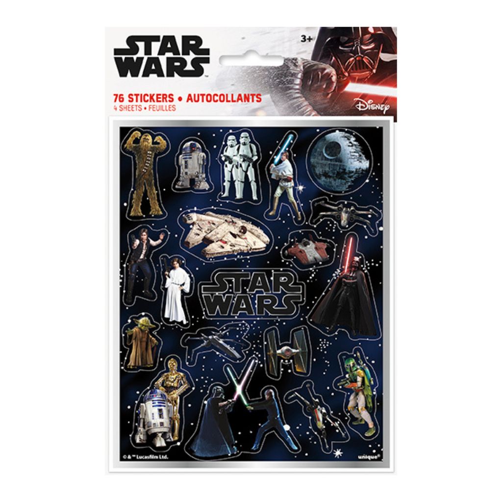Multicolor Star Wars sticker sheet featuring characters and spaceships birthday decoration from Parte Haus party supply store in Bethesda, Maryland