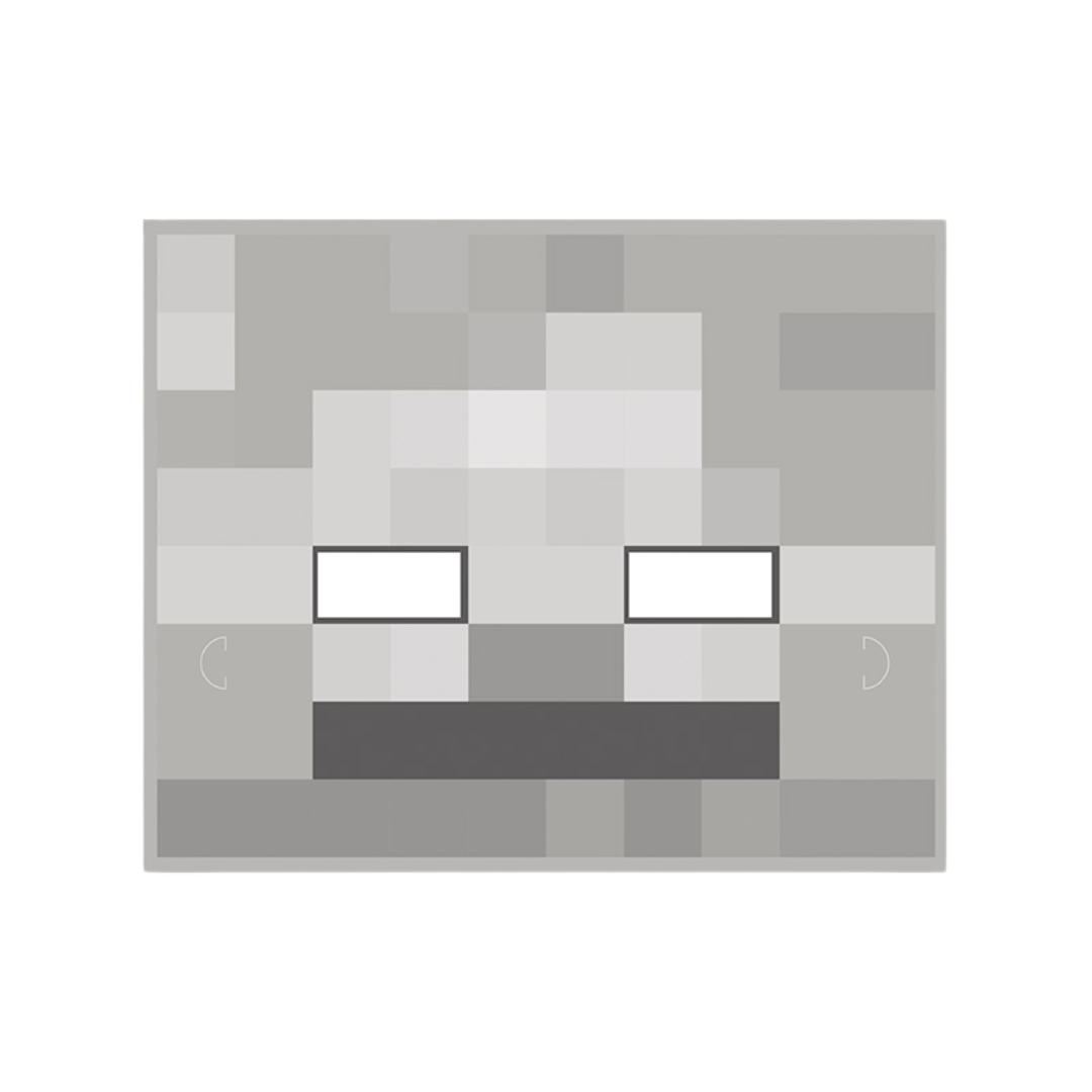 Gray block skeleton face mask square design for birthday Minecraft theme from Parte Haus party supply store in Bethesda MD