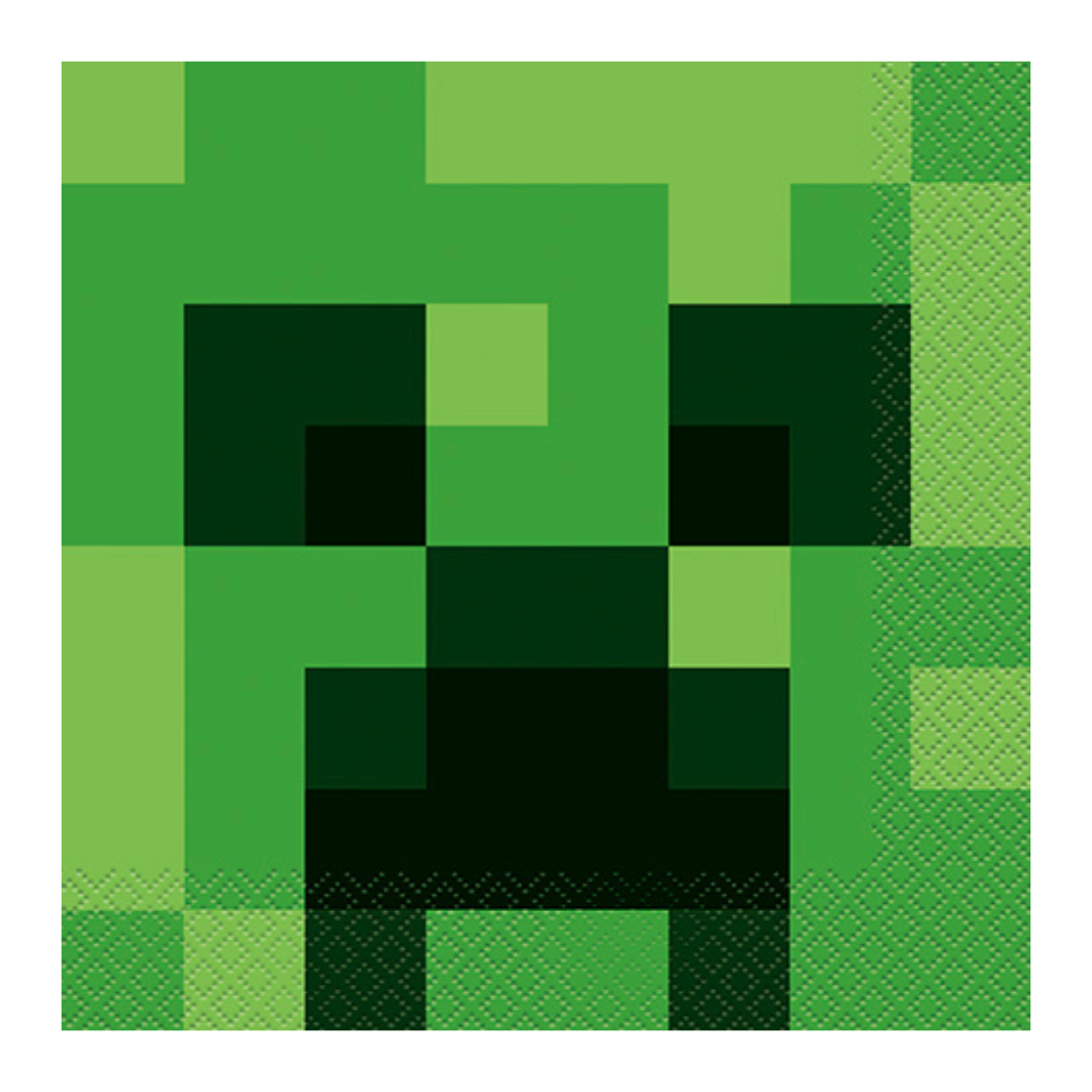 Green pixelated napkin with block face design for gaming birthday from Parte Haus party supply store in Bethesda, MD.