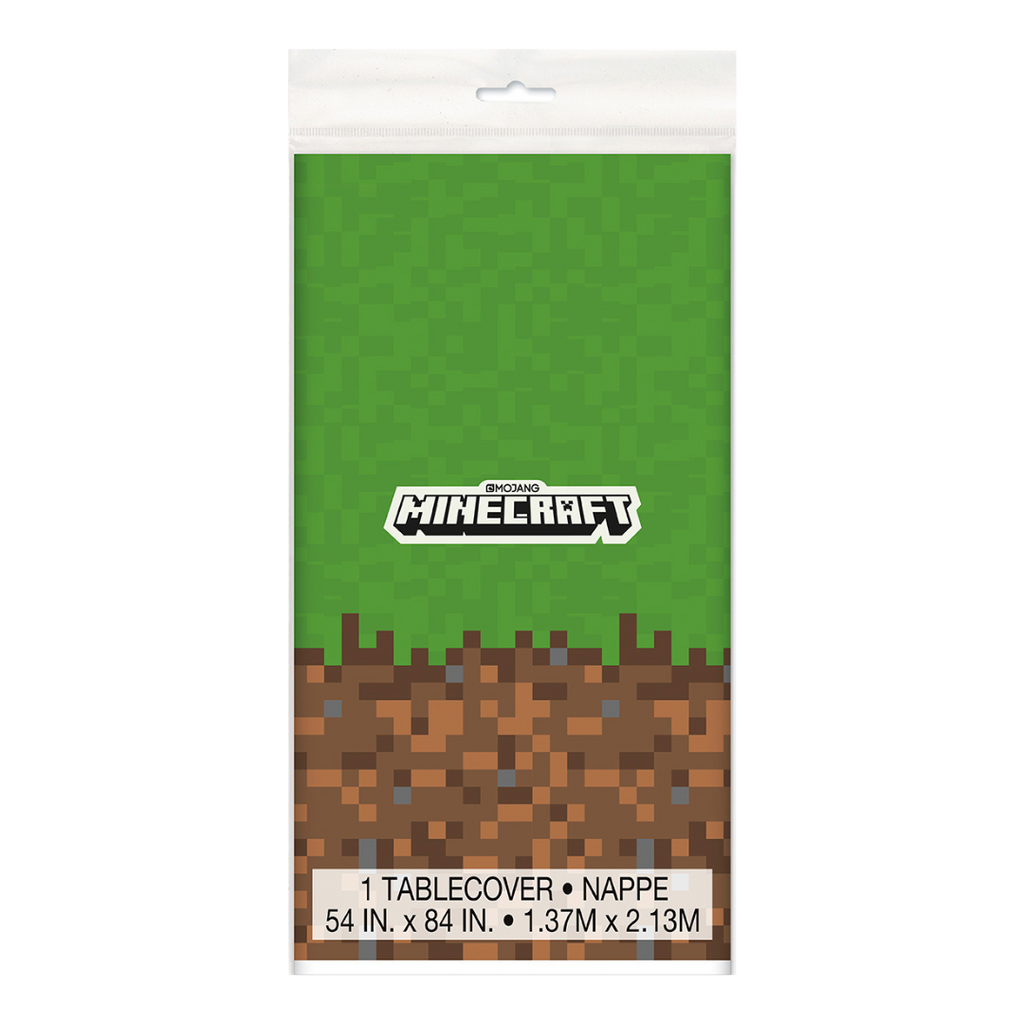 Green and brown Minecraft tablecover with blocky pixel design for birthday from Parte Haus party supply store in Bethesda MD