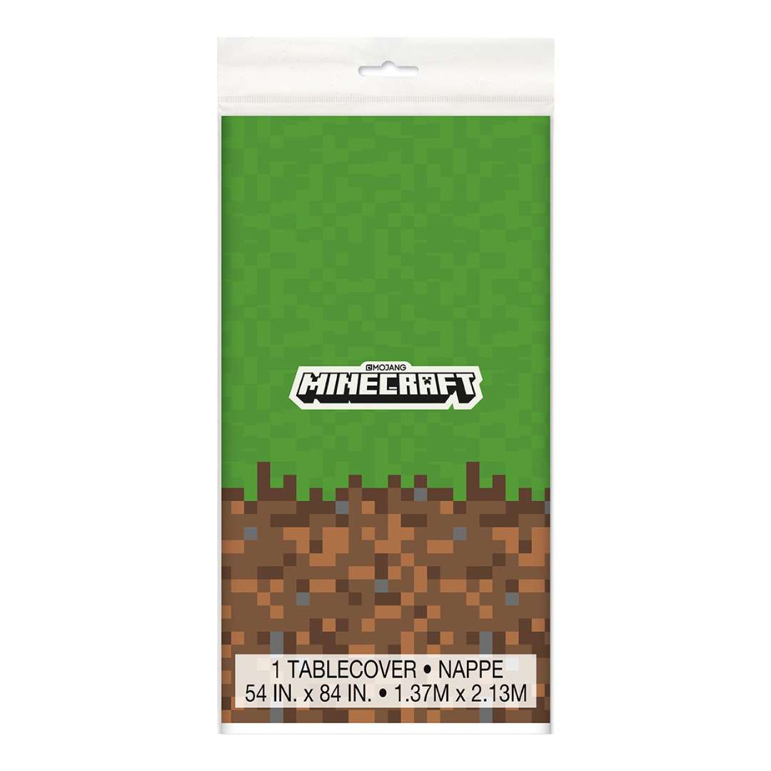 Green and brown Minecraft tablecover with blocky pixel design for birthday from Parte Haus party supply store in Bethesda MD