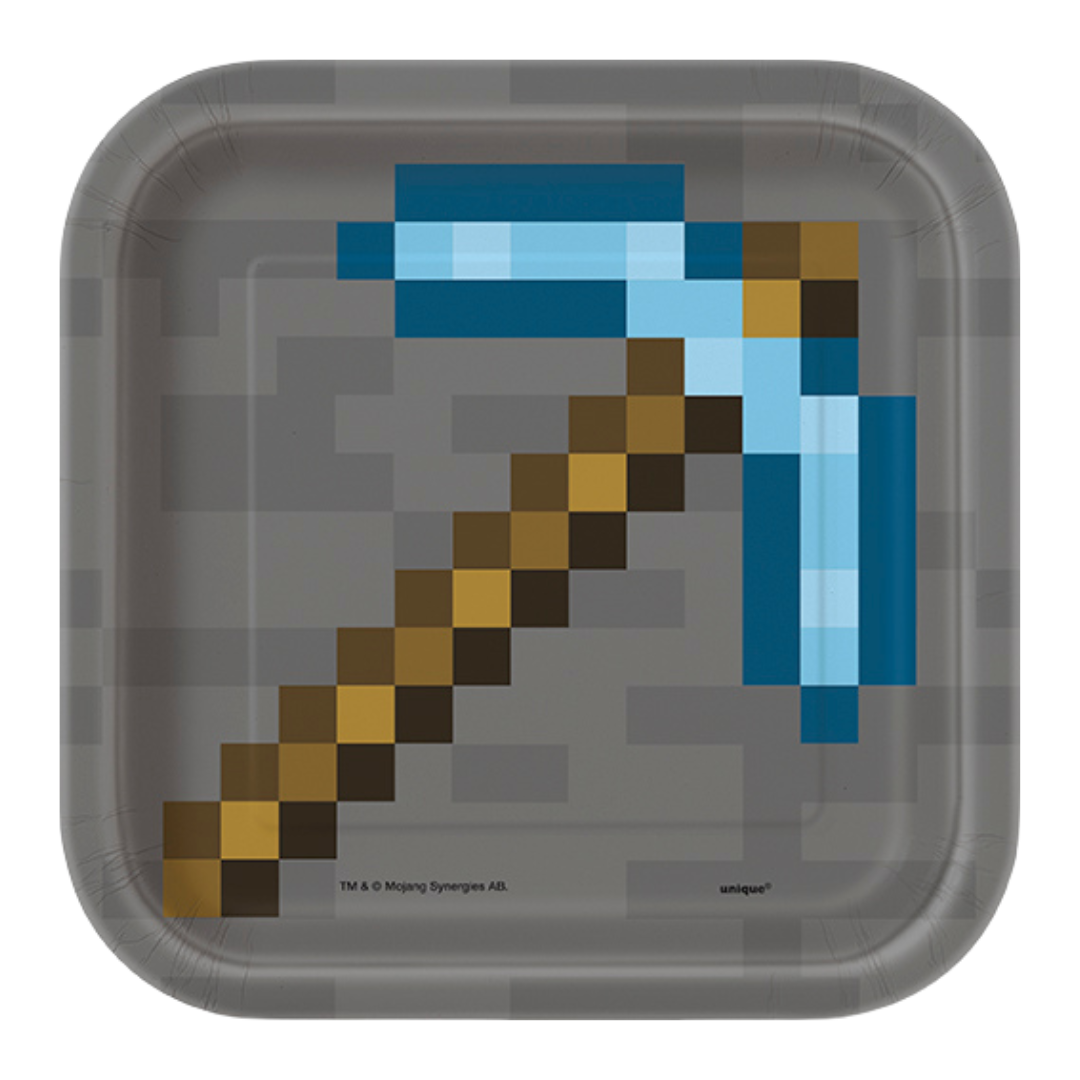 Gray and blue square plate with pixelated pickaxe design mining birthday theme from Parte Haus party supply store in Bethesda Maryland
