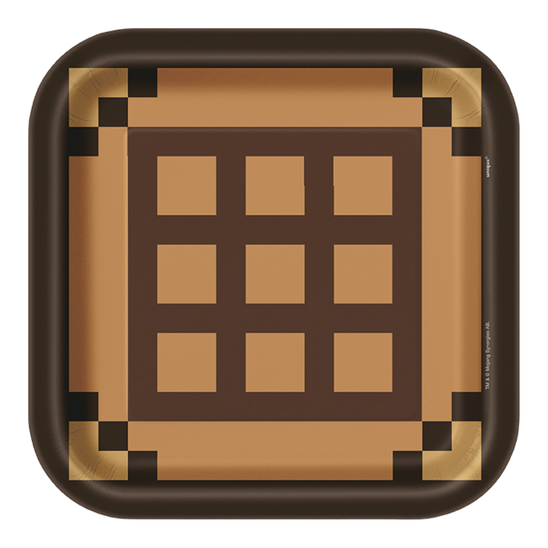 Brown square paper plate with pixel grid design for gaming birthday from Parte Haus party supply store in Bethesda MD