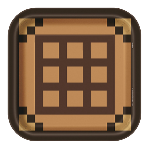 Brown square paper plate with pixel grid design for gaming birthday from Parte Haus party supply store in Bethesda MD
